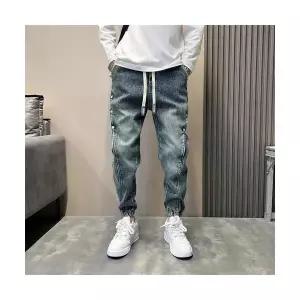 남자 편한 배기핏 청바지 트렌디 봄 9부 워싱 밴딩 장식 조거 배기 바지 SPO마켓1