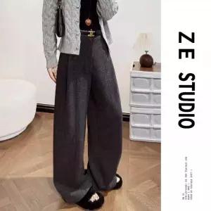 바지 모직 추동 캐주얼 와이드 헤링본 기모 정장 여성패션 오트밀 DL4