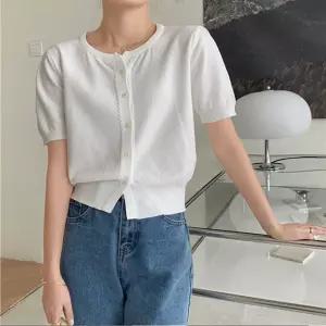 반팔 니트 가디건 여성 라운드넥 탑팔 여름 슬림핏 단추 크롭 여름옷 데일리룩 이너웨어 화이트 아이보리