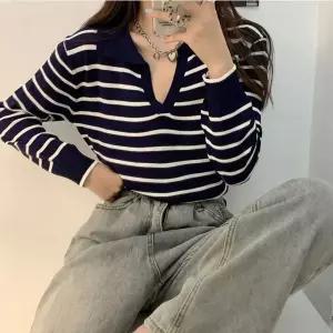 여성 단가라 스트라이프 티셔츠 긴팔 브이넥 줄무늬카라니트 라운드 여름 반팔 카라티 캐쥬얼 고급 오피스