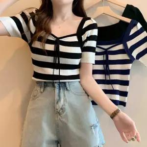 스퀘어넥 스트라이프 니트 반팔 여성 크롭 리본포인트티셔츠 시스루 여름그물 펀칭 카라 긴팔 롱니트 망사