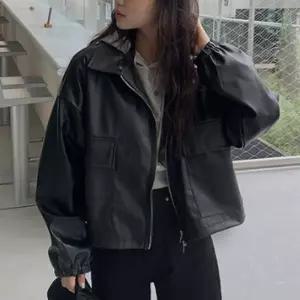 봄가을 투웨이 집업 블랙 가죽자켓 시보리소매 캐주얼여성 아우터 여자야상 쟈켓 롱후리스 후드 크롭 라이