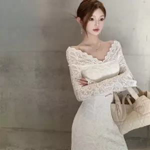 솔저스가을 원피스 여성용 긴팔 어깨 일자 힙업 레이스 롱스커트 살구색 튜브톱 OPH3