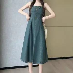 EAMT 원피스 청 빈티지 멜빵 보이시한 루즈핏 워싱 버클 염계 여성치마 YJ1