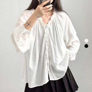 모니크 여성 나그랑 프릴 쉬폰 시스루 레이스 리본 크롭 러플 플리츠 긴팔 셔츠 블라우스