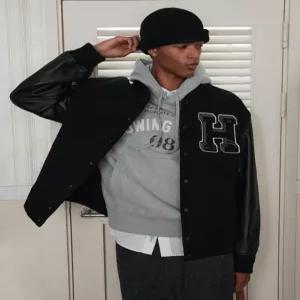 헤지스 남성 24FW [반값세일][로잉클럽] 리얼레더 바시티 점퍼 HZJU4D051BK