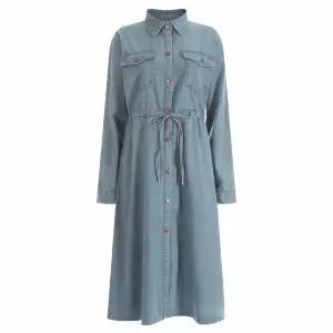 [하프클럽/샵앤]시즌 여성 카라넥 스냅단추 긴팔 데님 미디 플레어 롱원피