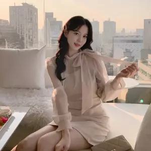 (리본원피스) 쉬폰 배색 리본 타이 미니원피스 하객룩 데이트룩 오피스룩 셀프웨딩 op13354