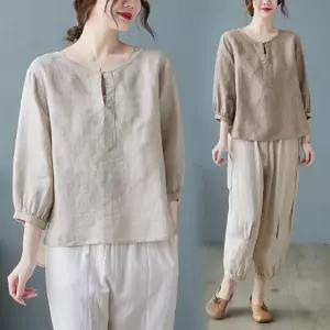 은창]플라워 레이스 라인 버튼 7부 티셔츠 여름 상의 퍼프 반팔 블라우스 셔츠