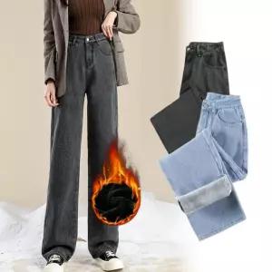 청바지 여자 데님팬츠 블랙 겨울 밍크 융 와이드 통바지 키작녀 기모 연청