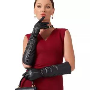 VIKIDEER 플러시 안감이 있는 여성용 사이드 버튼 롱 가죽 장갑, 따뜻하고 우아함, 이브닝 오페라 또는 일