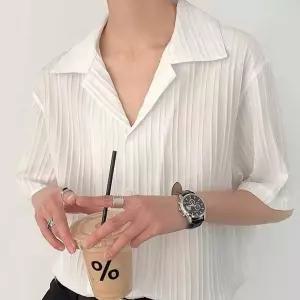 반팔셔츠 남성용 오픈카라 플리츠 세로주름 단추 롱남자난방 남자켓 캐주얼 남자청 오버핏 캐쥬얼 와이드