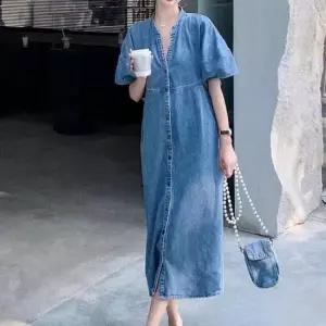 뷔스티에원피스 데일리 스타일 퍼프 소매 오픈 넥라인 데님 원피스