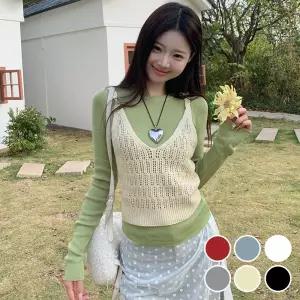 그물 짜임 여리여리 크롭 기장 펀칭 여성 니트 조끼