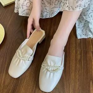 진주알 주름 포인트 여성 스트랩 슈즈 블랫 블로퍼