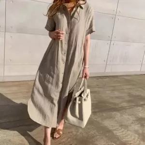 린넨 버튼업 반팔 셔츠 드레스 JSC-d0113 캐주얼룩