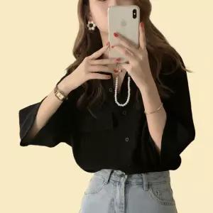 여성 봄 여름 7부 루즈핏 포켓 셔츠 블랙 아이보리 블라우스 남방