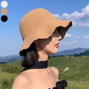 왕골 여자 여름 비치캡 벙거지 버킷햇 밀짚모자 라탄 돌돌이 니트 [fF1C39D]