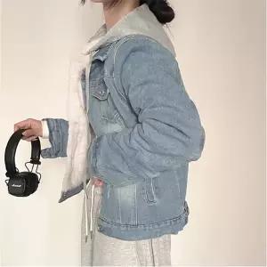 여성용 데님 카라 털 차이나 가죽 스타일 재킷 크롭 부드러운 안감 항공 방한 잠바