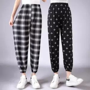 여성 여름 패턴 밴딩 셔링 쿨팬츠 엄마 고무줄 바지 바지 쿨링 잠옷 시원한 스판 단색 무지 면