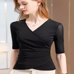 여성 무용복 상의 7부 댄스복 브이넥 여름 중년