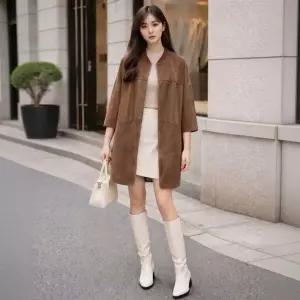 세무코트 니트 카라 7부소매 레더 배색 롱자켓