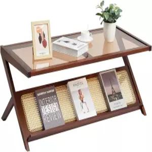 VEVOR 엔드 테이블 Z자형 라탄 직조 대나무 커피 천연 다리가 있는 47인치 모던 보호 수납 거실 침실 및