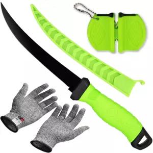 하우어 필레 나이프 물고기용 7인치 전문 샤프너 및 절단 저항 장갑이 있는 스테인리스 스틸 칼날 낚시