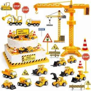 HERCOCCI 25Pcs 건설 케이크 토퍼 굴삭기 타워 컵케이크 불도저 백호 교통 도로 표지판 장식 차량 제작