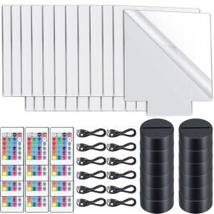 투명 아크릴 시트 3D LED 램프 디스플레이 베이스가 장착된 리아크럼 12피스 조명 베이스 16가지 색상 및 4가지 모드 DIY 공예실 바 선물 세트 사각 용 리모컨 USB 케이블