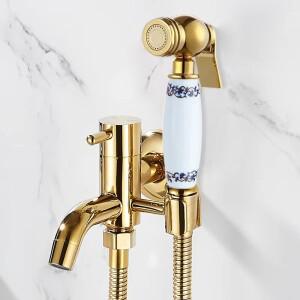 파란색과 흰색 도자기 휴대용 비데 스프레이 샤워기 변기 키트 수도꼭지 골드 원형 샤타프 황동 밸브