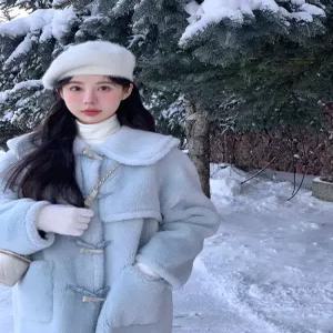 하늘색코트 테디 양털 단추 삿포로 떡볶이 S 코트 퍼코트
