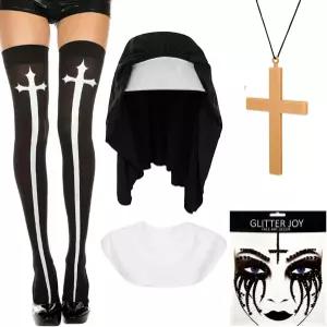 가톨릭 수녀 의상 모자 목걸이 십자가 펜던트 프린트 스타킹 라인스톤 타투가 포함된 아우세조펙 할로윈