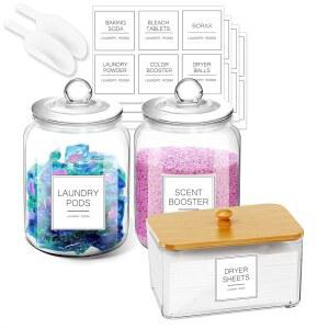 건조기 시트 홀더가 있는 FyndraX 세탁 유리 병 세탁실 정리 및 보관용 스쿱과 라벨이 용기 세제 포드 또는 분말 향 부스터 비드 3개 세트