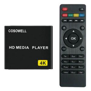 USB 드라이브 및 SD용 COSOWELL 4K 미디어 플레이어, HDMI/AV 출력의 울트라 HD 디지털 사이니지 플레이어, H.265 H.264 MKV MP4 비디오, MP3 뮤직, JPG 사진, 자동 재생 및 재개, 루프 재생