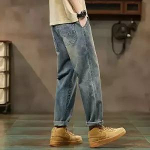 EAMT 팬츠 청 빈티지 남자 블루스 워싱 배기 춘추 긴 9부 YJ3