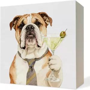 ATBWGT 재미있는 잉글리시 불독 마티니 애호가 선물 나무 상자 표지판 장식 블록 명판 홈 파티 키친 바 펍
