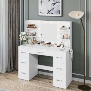 현대적인 원목 화장대 서랍 스탠딩 거울 조명 포함 침실 및 호텔용 패널 스타일 디자인