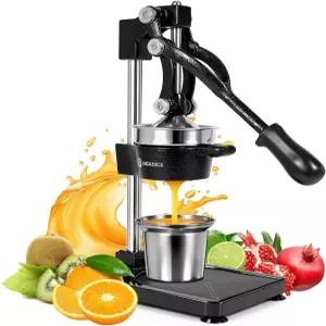 슈카즈크엑스 무쇠 핸드 프레스 시트러스 주스기 스테인리스 스틸 컵이 포함된 헤비 듀티 과일 압착기