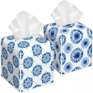 블루 시보리 타이 염색 티슈 박스 커버 2Pcs PU 가죽 홀더 추수 가을 시즌을 위한 사각 할로윈 추수감사절