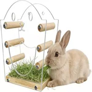 기니피그 천연 목재 및 아크릴 내구성이 뛰어난 걸이식 건초 랙 귀여운 토끼 디자인 친칠라 햄스터용 소형