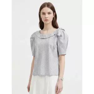 [하프클럽/샵앤]국산 여성 리본타이 보트넥 체크 반팔 블라우스 SIU-WBL-21120-