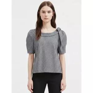 [하프클럽/샵앤]국산 여성 리본타이 보트넥 체크 반팔 블라우스 SIU-WBL-21120-