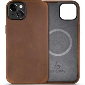 벨메이 15 가죽 케이스 매그세이프와 호환 탑 그레인 빈티지 크레이지 호스 금속 버튼 및 카메라 베젤 범프