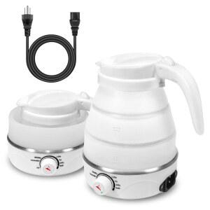 원더 포인트 접이식 여행용 주전자 전기 휴대용 주전자, 차와 커피를 위한 야외 여행 필수품 식기세척기 안전 실리콘 110V 600ml 화이트
