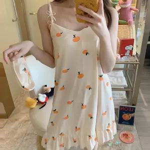 브라 원피스 캡 잠옷 오렌지 여성 홈웨어 내장 여름