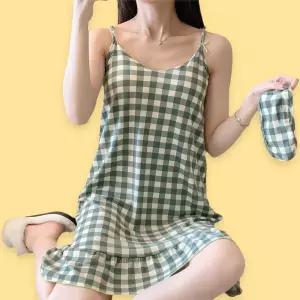 내장 체크그린 잠옷 여성 여름 홈웨어 브라 캡 원피스