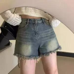 여자 데님 빈티지 청반바지 청바지 트리밍 반바지 하이웨스트 슬림핏 A라인 와이드 핫팬츠 ST1