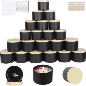 CONNOO 24팩 양초 통 12개 8온스 및 4온스 블랙 병 양초를 만들기 위한 금속 나무 알갱이 뚜껑 대량 빈