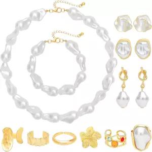 NEWITIN 23피스 여성 무도회 의상용 진주 주얼리 세트 가짜 목걸이 팔찌 귀걸이 신부 결혼식 신부용